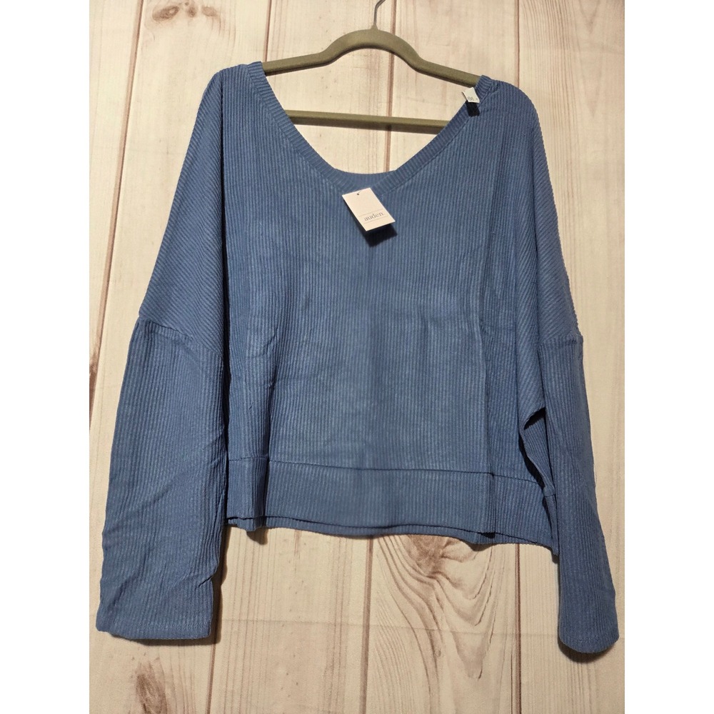 Auden Women 1X Blue Ribbed Reversible Sleep Top Long Sleeve Pajama Shirt NEW